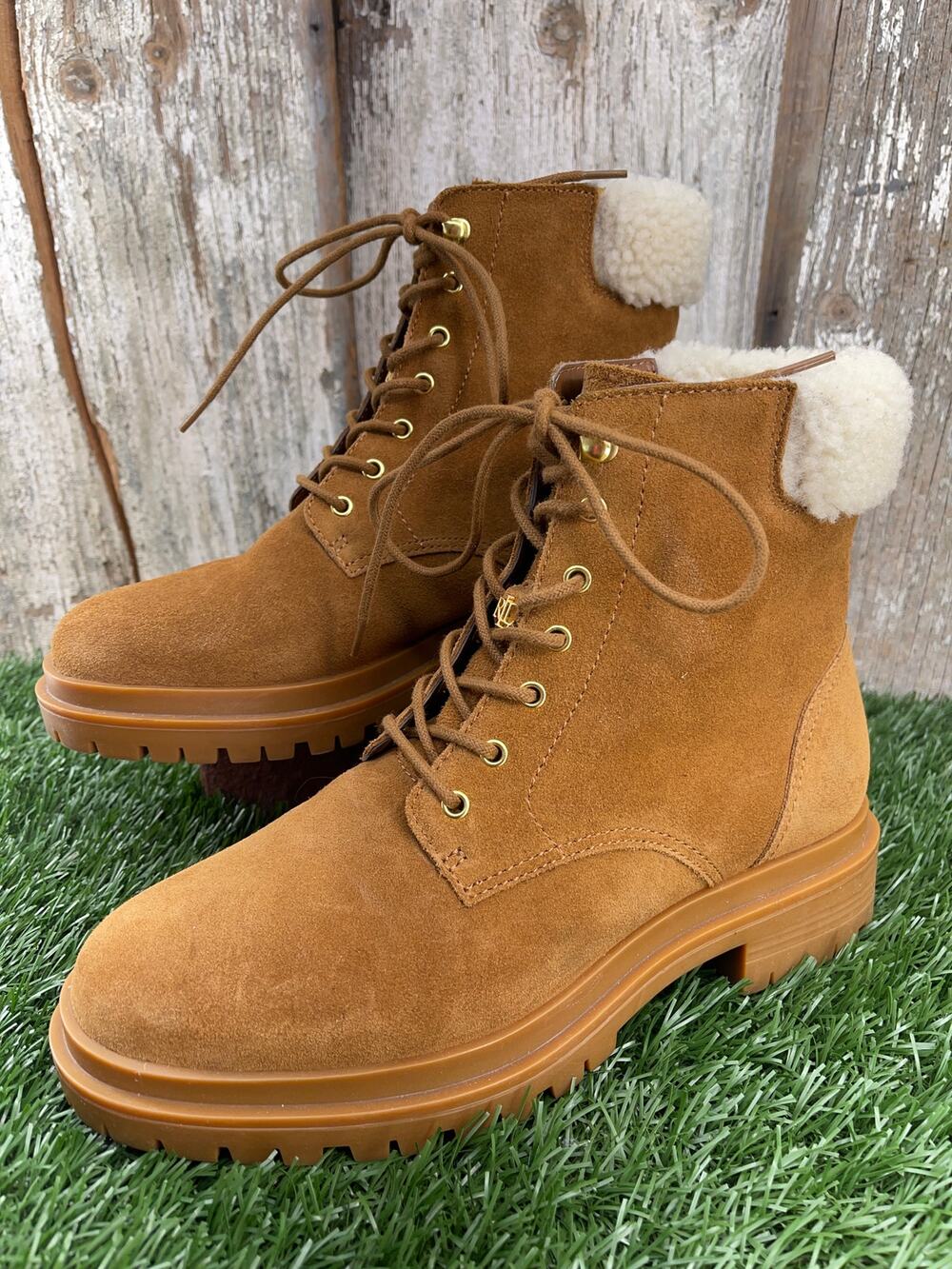 Lauren Ralph Lauren Carlee Whiskey Suede Combat Bots Faux-shearling Women's 7.5